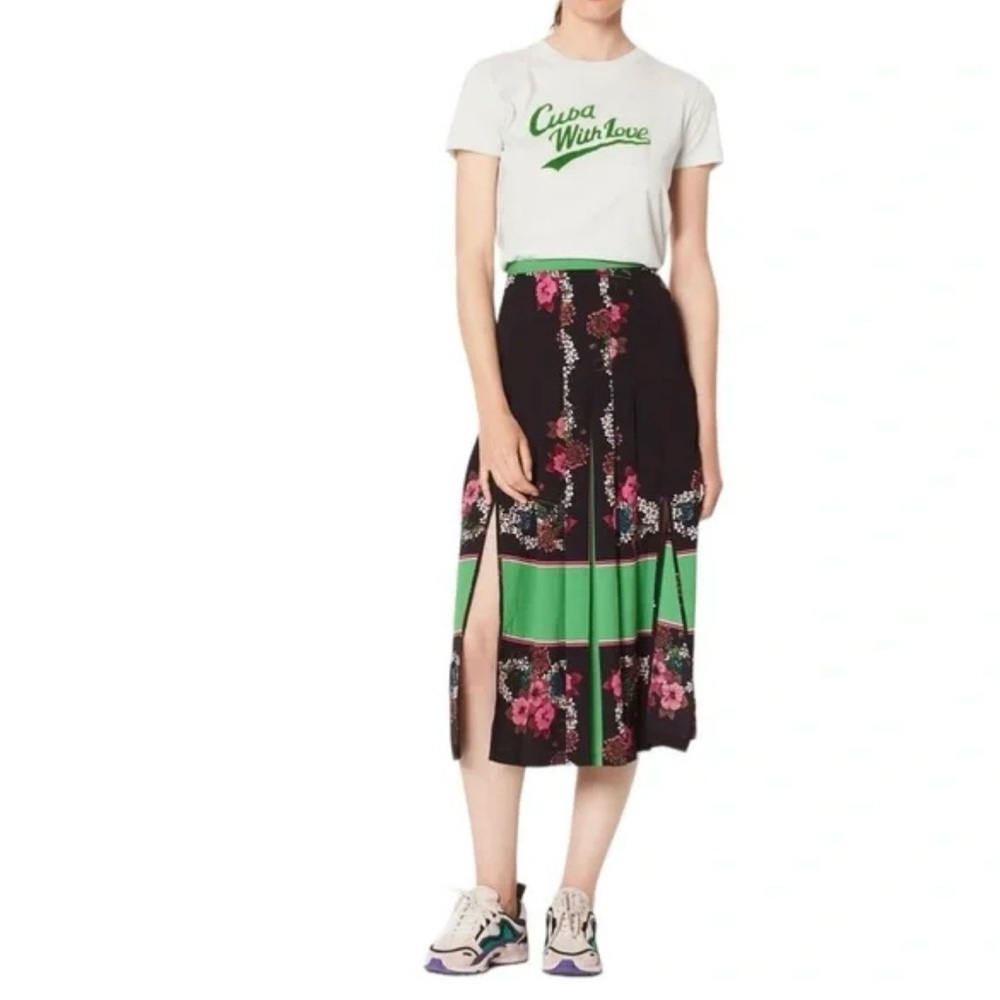 SANDRO PARIS- beautiful pleated black, green & pink Floral Midi Skirt. LIKE NEW